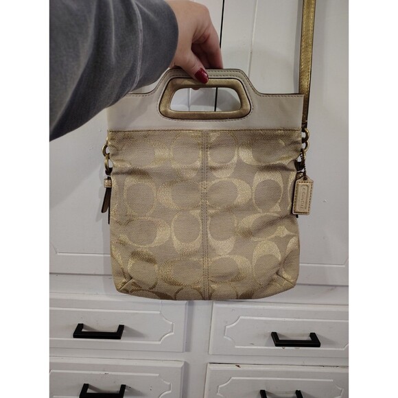 Coach Signature Metallic Gold Canvas Leather Trim FoldoverCrossbody Bag - Picture 2 of 10